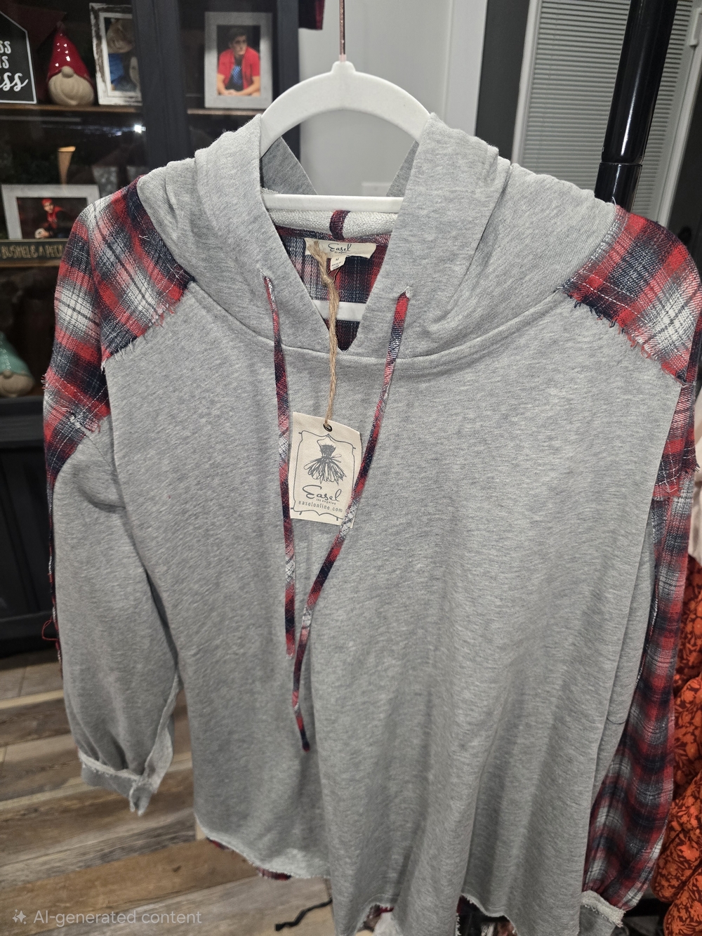 easel Men’s Gray Zip-Up Hoodie with Red Plaid Accents